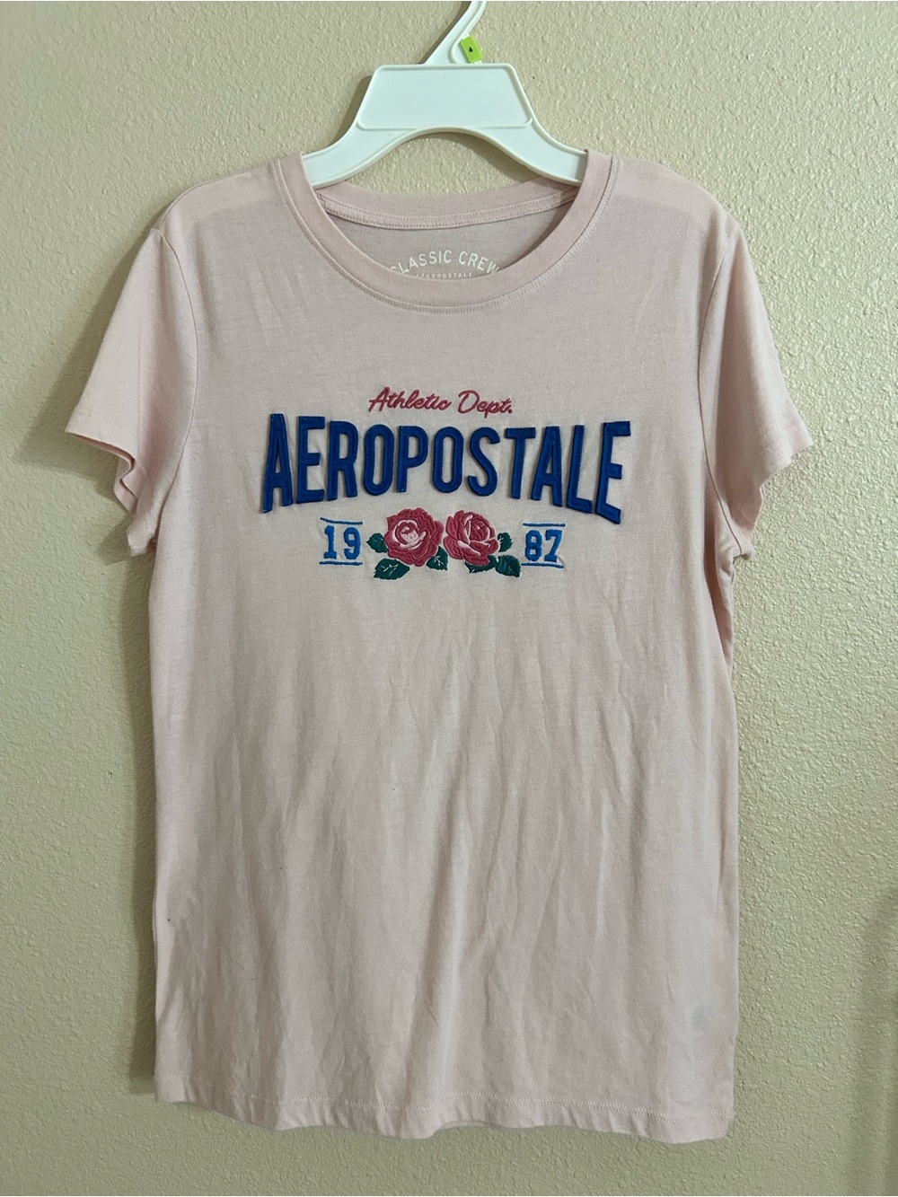 Aeropostale Light Pink Tee with Blue Logo and Rose Embroidery